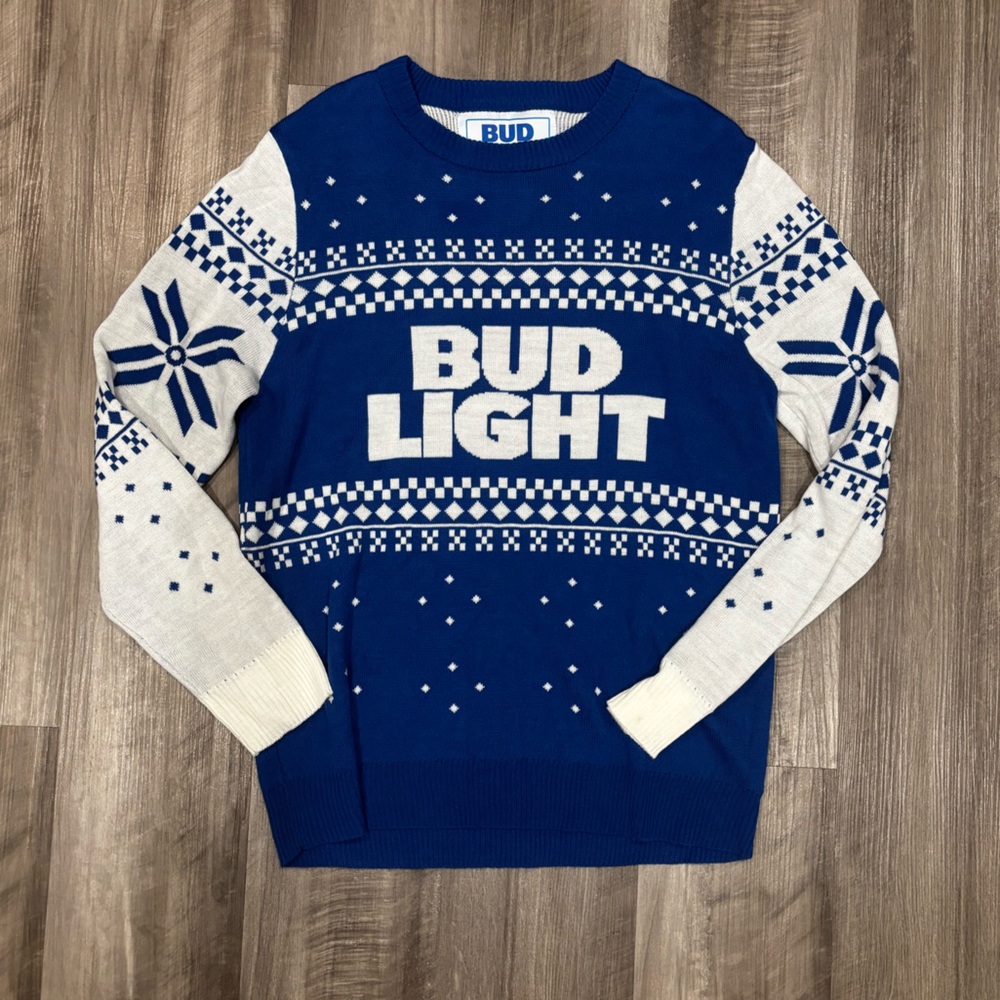 Blue and White Men's Crewneck Sweater